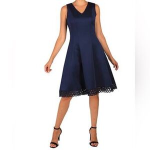 Donna Ricco Navy Fit-and-Flare Dress with Laser-Cut Hem